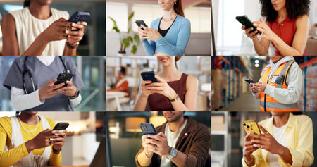 Montage, typing and hands of people with phone on internet for business, yoga and contact in office. Collage, mobile app and men with women on cellphone for social media, connection and website