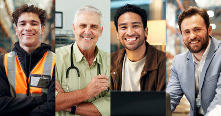 Portrait, man and happy in collage for career choice, industry or expertise in workplace with a smile. People, diversity and professional with pride for growth, montage and business with confidence