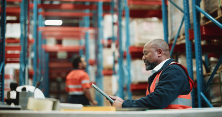 Supply chain, tablet and man in warehouse, internet and digital app for shipping schedule. Mature person, distribution and employee in factory, tech and quality control with logistics and connection