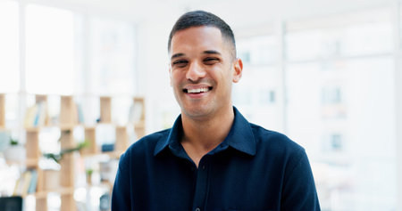 Happy, business and portrait of man in office for creative startup, about us and confidence. Space, professional and person in workplace with pride for marketing agency, opportunity and career growth