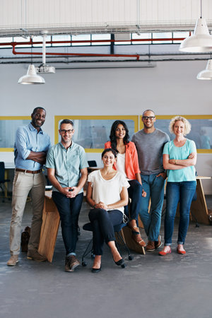 Creative, portrait or team in office with smile, campaign experts or about us in advertising career. Happy, people or branding staff with diversity, PR specialist or confidence in marketing industry.