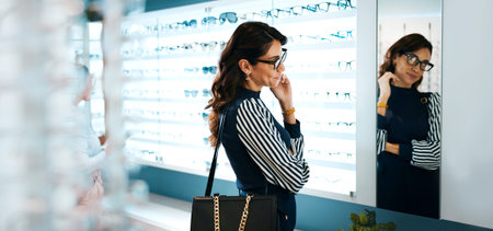 Glasses, mirror and optometry with woman in store for prescription, eye care or spectacle option. Reflection, ophthalmology and lens choice with mature person in clinic for vision health and optical