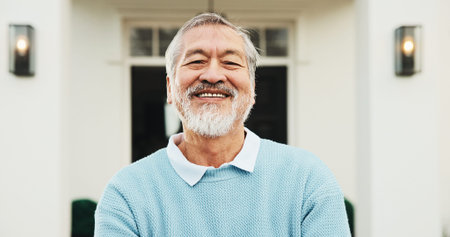 Portrait, outdoor and senior man by new home, property purchase and dream house in retirement. Happy, confident and Asian person in neighborhood for mortgage approval, homeowner pride and real estate