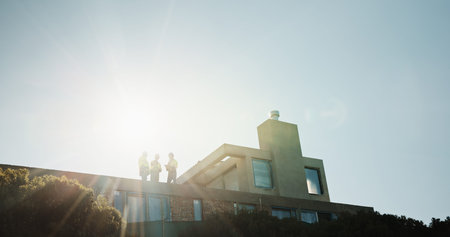 Team, construction and space with people outdoor for building, inspection or sunshine. Architecture, infrastructure engineer and checklist with contractor for property developer and renovation