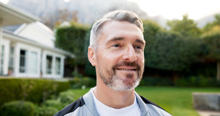 Fitness, thinking and man outdoor with daydream, goal mindset and insight on wellness hobby. Reflection, active and mature person with mindfulness, keeping fit and workout perspective in backyard.