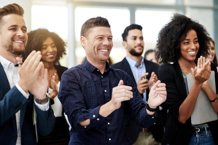 Success, conference or happy people clapping in office for workshop or corporate project. Investors, development target and applause of audience for event, goals and winning achievement in convention