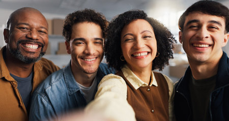 Selfie, logistics and portrait with people in warehouse for about us, shipping team and smile. Profile picture pov, supply chain support and happy with employees in factory for small business