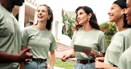 Volunteer, happy people or tablet outdoor for group coordination, event preparation or planning. NGO, mature team leader or tech for donation briefing, duty schedule or progress update for fundraiser