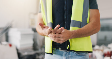 Construction, strain or hands on site with pain, arthritis discomfort or labor injury in renovation. Accident, burnout or engineer with hurt joint, sore muscle or chronic issue in building remodeling
