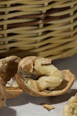 open nut with a basket as backgroundの写真素材