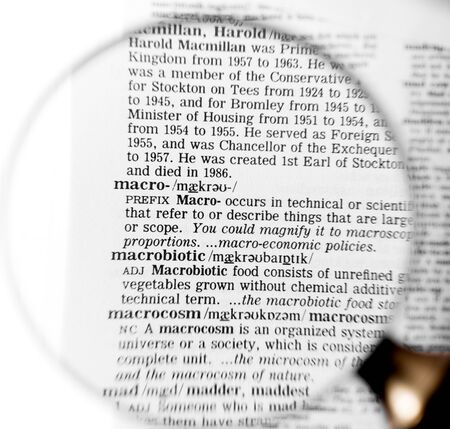 view of macro word definition in a dictionary using a magnifying glassの写真素材