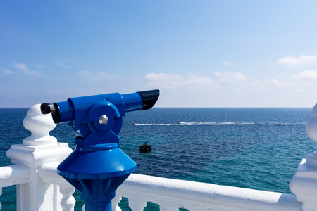mediterranean view from benidorm balcony with jets water scooter on the seaの写真素材
