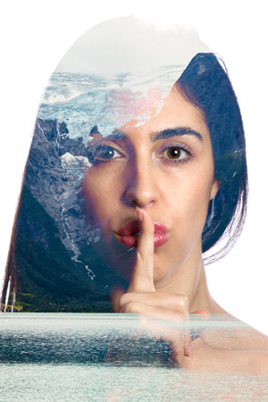 double exposure photo with a girl asking for silence and a glacier melting on the background inside...