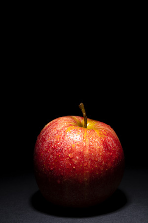 red apple with drops of water on black background, image conveys freshness, free space above for textの写真素材