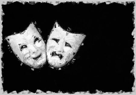 theatre mask expresing the tragedy and the comedy, white mask on black background with free space for textの写真素材