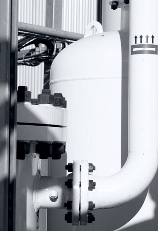 industrial background with pipes, joints, bolts and pressure tank color white with air label and...