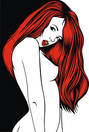 red hair woman on the black and white backgroundのイラスト素材