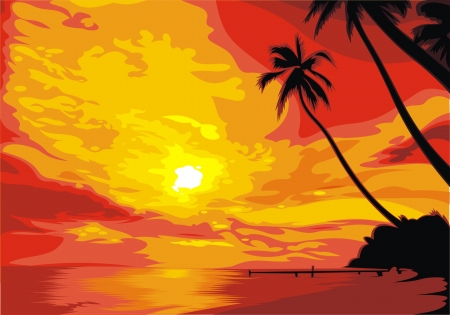 sunset on the hot summer shore with palm treesのイラスト素材
