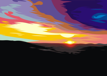 illustrated colorful sunset behind the mountains as a background のイラスト素材