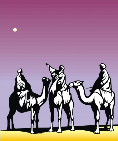  christmas scene with the three kings on camels crossing the desertのイラスト素材