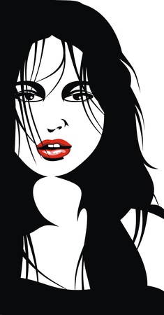 easy woman face with red lips and black hair as nice fashion backgroundのイラスト素材