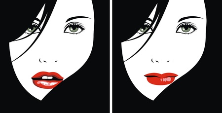 easy woman face with red lips and black hair as nice fashion backgroundのイラスト素材