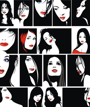 easy faces of girls with red lips as nice fashion backgroundのイラスト素材