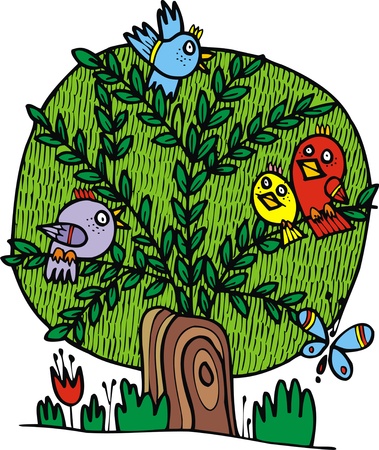 illustrated colored tree and birds as backgroundのイラスト素材