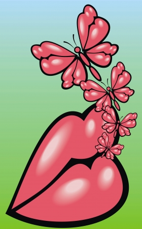 red lips and butterflyies isolated on the green backgroundのイラスト素材