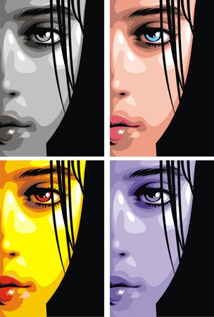 girls face and hair in different colors as fashion backgroundのイラスト素材