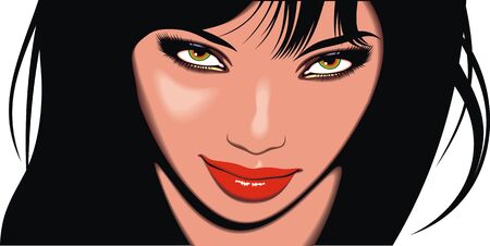 face of young girl with black hair and red lipsのイラスト素材