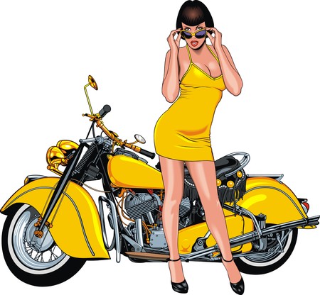 nice girl and my original designed motorbike isolated on the white backgroundのイラスト素材