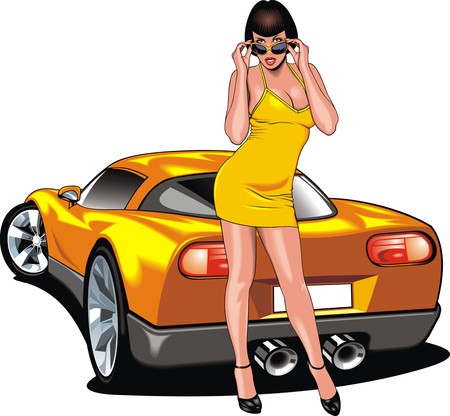 nice girl and my original designed sport car isolated on the white backgroundのイラスト素材