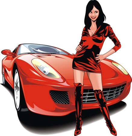 nice girl and my original design car  isolated on the white backgroundのイラスト素材