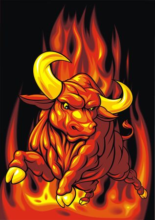 red and gold bull  isolated on the fire backgroundのイラスト素材