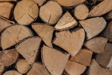 close up photo of stacked up firewood. various tree typesの写真素材