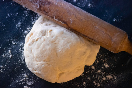 Homemade pizza dough with cheese, mushrooms, oregano, tomato, ham and flour over dark background...