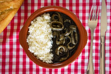 Traditional spanish food. Squid rings with bread, rice and squid ink. Red and blue square cloth under a clay plate.の写真素材