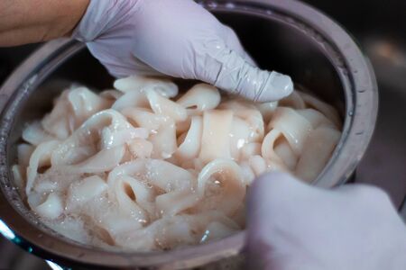 A person cleaning squid in the sink with water and gloves. This squid will be use for cooking. The squid rings will be in a metal container.の写真素材