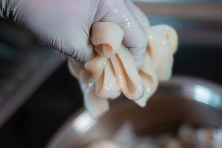 A person cleaning squid in the sink with water and gloves. This squid will be use for cooking. The squid rings will be in a metal container.の写真素材