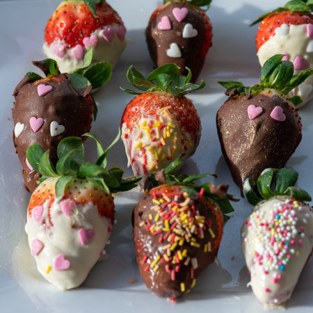 Sweet strawberries in chocolate with sprinkles for Valentine's Day. Colorfully decorated...