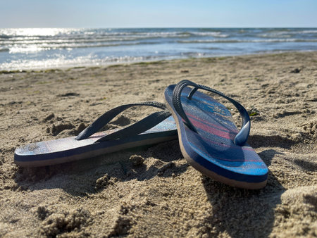 Flip flops on the sandy beach with the sea in the background.