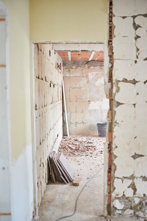 Debris on the ground of a house under constructionの写真素材