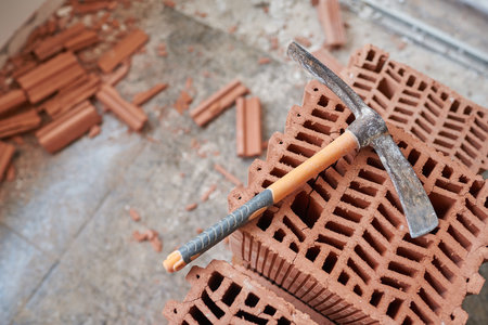 Pickaxe on some brick blocks in a house under constructionの写真素材