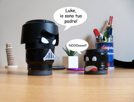 Camera lenses with s funny faces Italian versionの写真素材