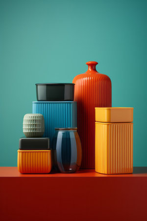 Set of colorful decorative vases on the table. 3d renderingの素材