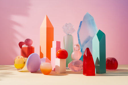 Eggs, perfume and other cosmetics on a pink background.の素材