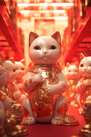 Lucky cat figurine in a shop window, Shanghai, Chinaの素材