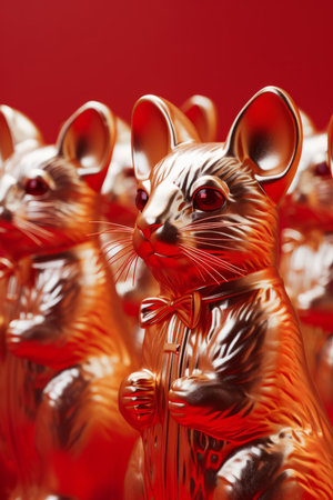 Close-up of a group of decorative rats on a red backgroundの素材