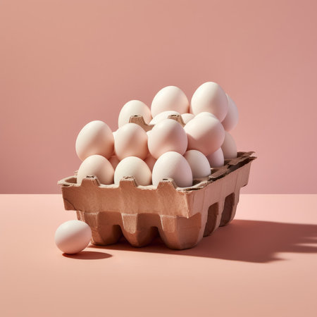 Eggs in a cardboard box on a pink background. Minimalistic style.の素材